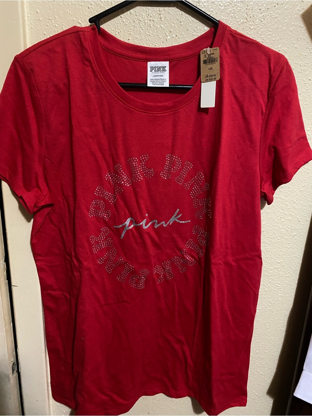 PINK Victoria's Secret Red Short Sleeve Tee with Rhinestone Logo